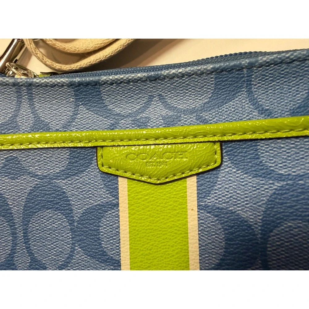 Coach Signature Blue Monogram Crossbody Bag Lime Green Stripe
